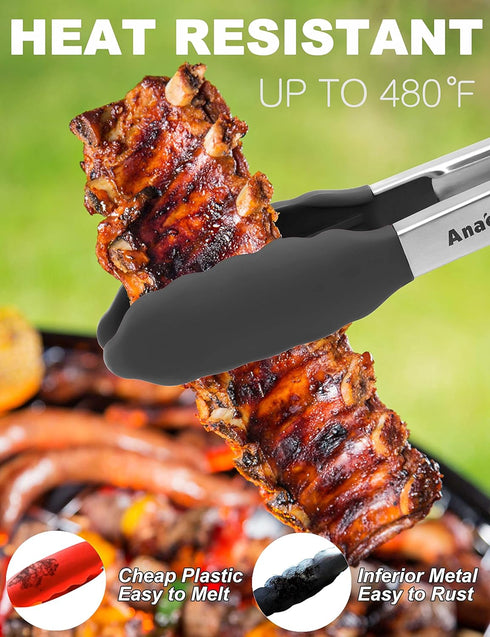 Anaeat Non-Stick Silicone Locking Tong - Stainless Steel 7" Mini Kitchen Food Tongs with Non-Slip Silicone Tips and Grip for Cooking, Baking and B...
