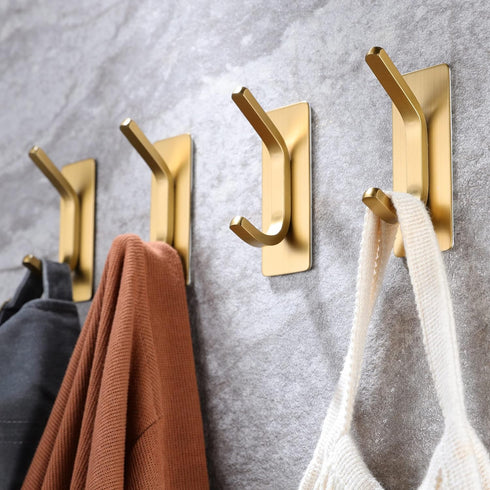 Taozun Adhesive Hooks - Gold Towel Hooks Coat Hooks, Stainless Steel 4-Pack Wall Hooks for Hanging Robe Sponges in Bathroom and Bedroom...