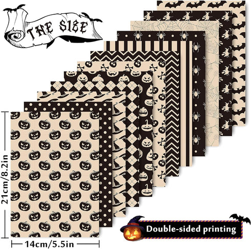 Whaline 12 Designs Halloween Pattern Paper Set A5 Size Beige Black Craft Paper 60 Sheet Spider Pumpkin Bat Witch Plaid Stripe Dot Origami Paper Do...