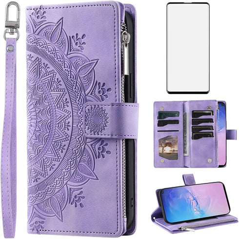Asuwish Phone Case for Samsung Galaxy S10 Wallet Cover with Tempered Glass Screen Protector and Wrist Strap Mandala Flower Flip Zipper Card Holder...