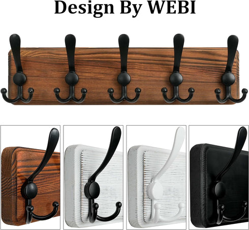 WEBI Rustic Coat Rack Wall Mount,Solid Wood Coat Hooks Wall Mounted Coat Hanger,16" Hole to Hole,Hook Rack Rail,5 Triple Hooks for Hanging Coats,J...