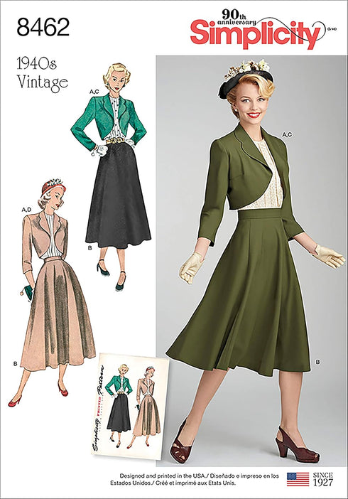 Simplicity US8462U5 1940's Fashion Women's Vintage Blouse, Bolero, and Skirt Sewing Patterns, Sizes 16-24...