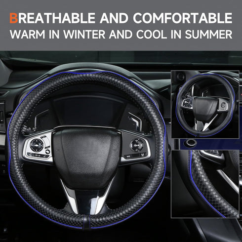Leather Steering Wheel Cover?Black with Blue line?Anti-Slip, Safety, Soft, Sports Style, Black Steering Wheel Cover, Adaptable to 14.5-15 inches S...