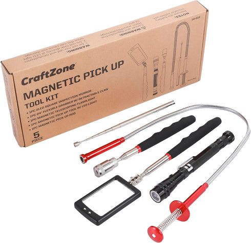 Magnetic Pick Up Kit 5pc, With 1lb And 10lb Pick Up Rod, Square 360 Swivel Adjustable Inspection Mirror And Flexible Led Flashlight, Magnetic And ...