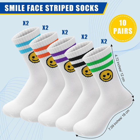 10 Pairs Cute Smiling Face Socks Cotton Striped Tube Socks Novelty Funny Crew Double Stripes Smile Athletic Socks for Women Girls...