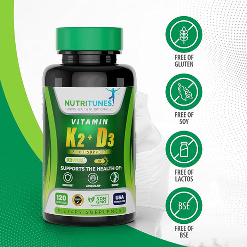 Vitamin K2 + D3 (120 Softgels) - Vitamin D3 K2 Supplement - Supports Cardiovascular & Bone Health - Non-GMO - Allergen-Free - 120 Softgels...