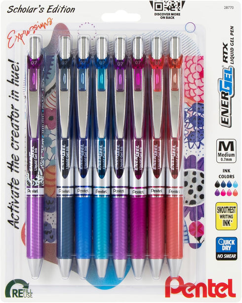 EnerGel RTX Retractable Liquid Gel Pen, Creator Expressions Pack, 0.7mm, Metal Tip, Medium Line, Assorted Ink, Pack of 8 Pens (BL77XRIGBP8M)...