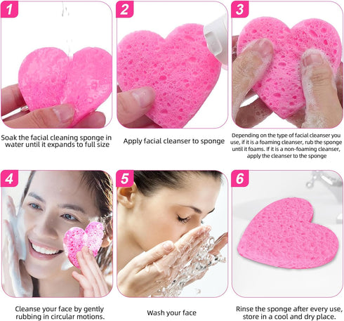 Women 60-Count Compressed Cellulose Heart Shape Face Facial Sponges 100% Natural Cosmetic Sponges for Facial Cleansing Exfoliating Mask Skin Massa...