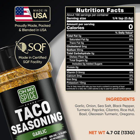 Taco Seasoning Mix Garlic Powder - Gluten Free & Low Sodium Mexican Seasoning Blend for Taco Tuesday Night. Garlic and Herb Seasonings for Fajita ...