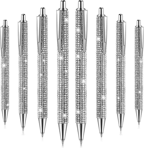 8 Pcs Rhinestone Pen Bling Diamond Pens Wedding Rhinestones Silver Metal Ballpoint Pens Fancy Sparkly Crystal Pens Retractable Black Ink Pen for W...