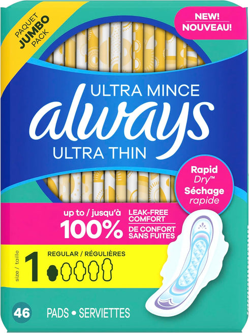 Always Ultra Thin Pads with Wings, Size 1, Regular, 46 Count...