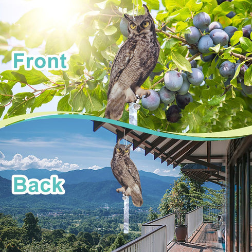 Fake Owl Decoy to Scare Birds, 2Pack Reflective Birds Deterrent Owl Bird Scarer Dual-Side Printed Owl for Farms, Orchards, Gardens, Window...
