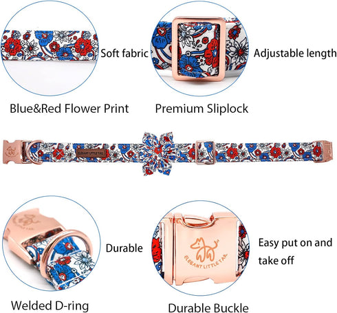 Elegant little tail Independence Day Dog Collar, Blue with Red Flower Dog Collars Holiday Dog Collar with Flower Pet Gift Adjustable Puppy Collar ...