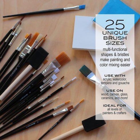 Hello, Artist! 25 Piece Craft Brush Value Pack, Suitable for All Creatives, for Use with Acrylic, Watercolor, Tempera, Gouache, and More...