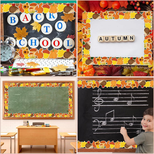 Whaline 66FT Fall Bulletin Board Borders Autumn Leaves Pumpkin Squirrel Hedgehog Sunflower Rain Boots Mushroom Border Trim Thanksgiving Bulletin B...