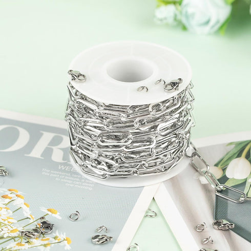 KYUNHOO Silver Jewelry Making Chain Roll Stainless Steel Paperclip Chains Bulk 5 Meters Long Craft Chain with Lobster Clasps Jump Rings for Men Wo...
