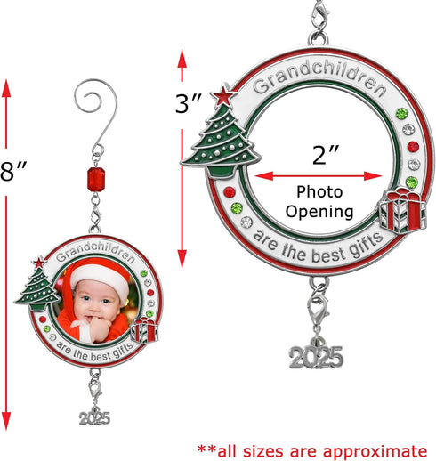 Grandchildren Photo Christmas Ornament - Dated 2025 Charm - Red White and Green Enameled and Jeweled Accents - Grandkids Picture Xmas Ornaments fo...