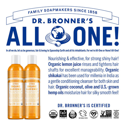 Dr. Bronner's - Organic Hair Rinse (Citrus, 8 Ounce) - Nourishing & Effective, Gentle Conditioning Cleanser for Skin & Hair, No Synthetic Ingredie...