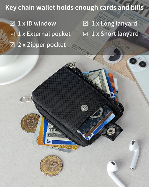 Minimalist Wallet For Mens Womens, Keychain RFID Blocking Zipper Small Wallet with ID Window 2 Lanyards,Water Resistant Travel Cash Card Coin Case...