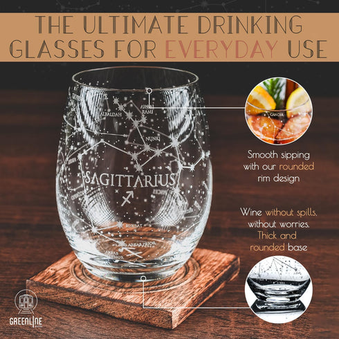 Greenline Goods Sagittarius Stemless Wine Glasses Zodiac Sagittarius Set Hand Etched 15 oz (Set of 2) - Astrology Sign Glassware...