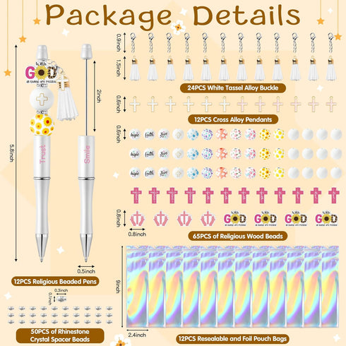 175pcs Religious Inspirational Beadable Ballpoint Pen Set, Set of 12 Plastic Beadable Pen, Hope Faith Love Wood Bead, Cross Pendant, Crystal Space...