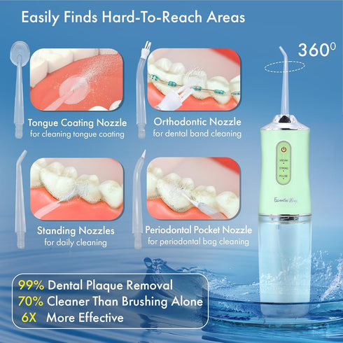 Cordless Water Flosser, 220ml Portable Water Flosser Rechargeable 4 Hour Battery Life, 4 Cleaning Floss Picks, IPX7 Waterproof Teeth Cleaner, 3 Pr...