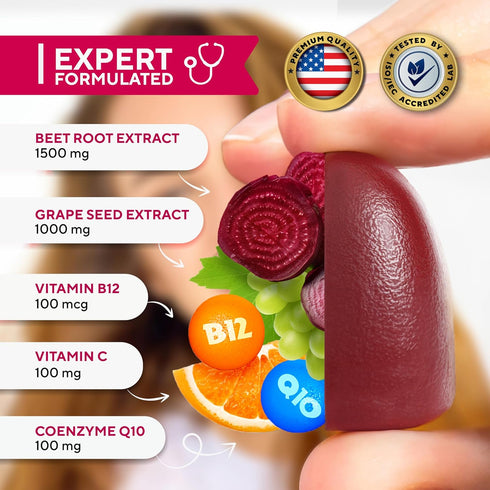 Beet Root Gummies - Cardio Beet Gummies 2600mg - Nitric Oxide Gummies with Beet Root, Grape Seed Extract, Coq10, Vitamin C & B12 - Beet Chews for ...