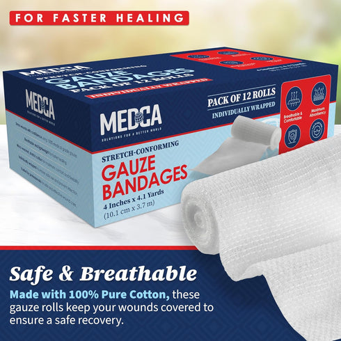 Gauze Bandage Rolls - (12 Pack) 4 in x 4.1 Yards Per Roll of Medical Grade Gauze Bandage and Stretch Bandage Wrapping for Dressing All Types of Wo...
