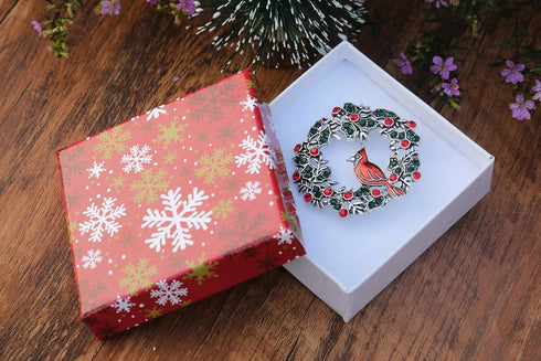 Cardinal on Wreath Pin Red Bird with Crystal Flower Green Leaf Christmas Brooches for Women Gifts Holiday Party Decorations with Message Card & Bo...