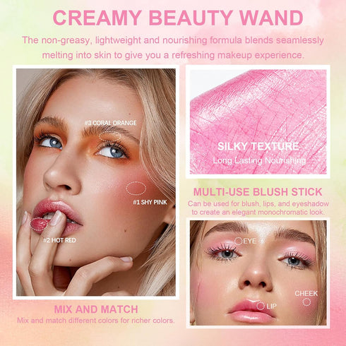 Cream Blush Stick, Monochromatic Blush Beauty Wand for Cheek and Lip Tint with Long Lasting Hydrating Formula, Multi-use Makeup Stick for Blends P...