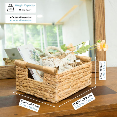 VATIMA Hyacinth Small Wicker Basket 11.6x8.1x4.9" - Bathroom Organizer, Wooden Handle, Decorative Storage...