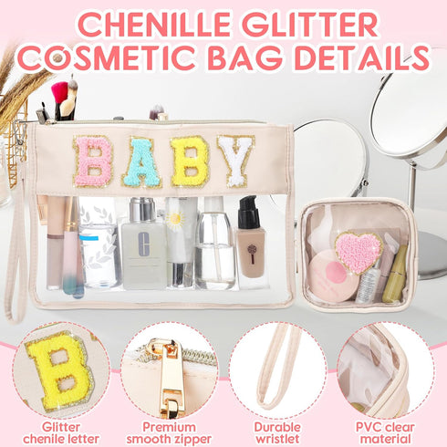 Hillban 2 Pcs Gifts Chenille Letter Bags Preppy Patch Makeup Bag Flat Clear Pouch PVC Organizer Purse Waterproof Travel Cosmetic Bag Portable Toil...