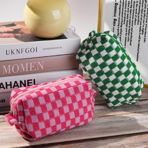 2 Pieces Makeup Bag Pouch Checkered Cosmetic Bag Pink Green, Travel Toiletry Bag Organizer Cute Makeup Brushes Storage Bag for Women...