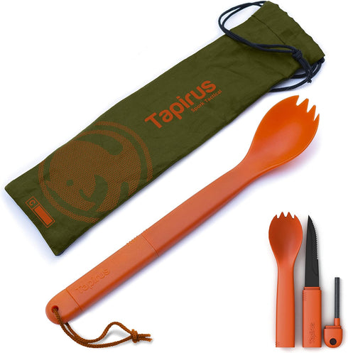 Tapirus Spork Tactical Orange | BPA Free Spoon Fork, Stainless Steel Knife and Fire Starter | 3 in 1 multipurpose utensil | Outdoor hiking, campin...