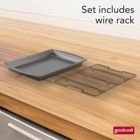 GoodCook 15” x 10.5” Nonstick Carbon Steel Baking Pan & Raised Wire Rack – Pizza Crisper, Crispy Bacon, Multipurpose Cooking Sheet Pan, Cooling Ra...