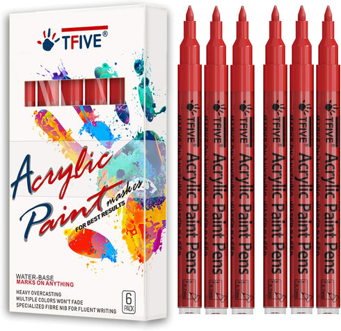Red Marker Paint Pens - 6 Pack Acrylic Red Permanent Marker, 0.7mm Extra Fine Tip Paint Pen for Art projects, Drawing, Rock Painting, Stone, Ceram...