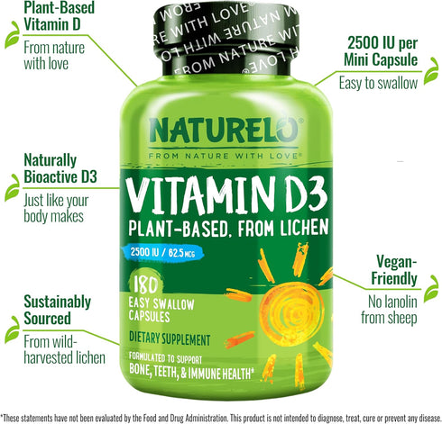 NATURELO Vitamin D - 2500 IU - Plant Based from Lichen - Natural D3 Supplement for Immune System, Bone Support, Joint Health - Vegan - Non-GMO - G...