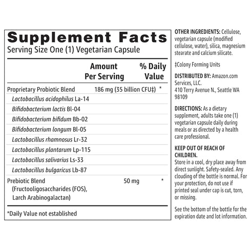 Amazon Basics Probiotic 35 Billion CFU, 8 Probiotic Strains with Prebiotic Blend, Supports Healthy Digestion, 30 Vegetarian Capsules, 1 Month Supp...