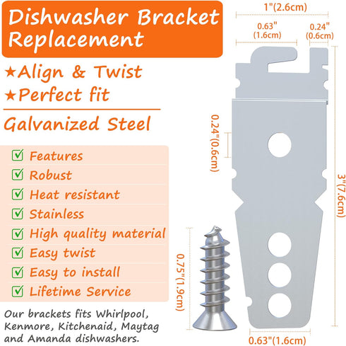 2 Pack Undercounter Dishwasher Mounting Bracket with Screws, Whirlpool - Compatible - Compare to 8269145 / WP8269145, Replacement for Whirlpool, Kenmore, Kitchenaid, Maytag, Amana etc