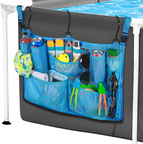 Above Ground Pool Hanging Bag Poolside Storage Basket Organizer Mesh Pool Toy Holder Pool Accessories Pockets Organizer Fits 2.3 Inch or Less Top ...