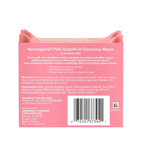 Neutrogena Oil Free Facial Cleansing Makeup Wipes with Pink Grapefruit, Disposable Acne Face Towelettes to Remove Dirt, Oil, and Makeup for Acne P...
