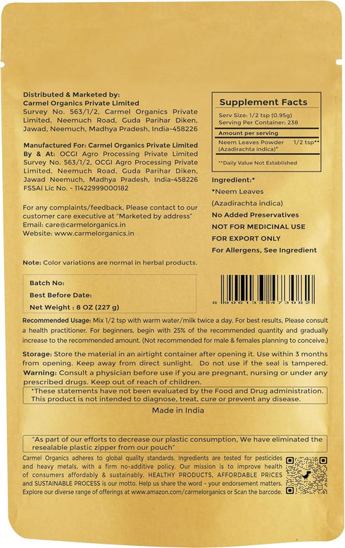 CARMEL ORGANICS Neem Leaves Powder | 8 Oz or 227 Grams | Natural | Non GMO | No Added Preservatives or Additives | Azadirachta Indica Powder...