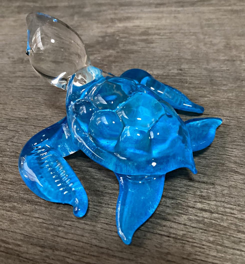 Garden Deco Glow in The Dark Blue Sea Turtle Hand Blown Art Glass Figurine Ornament Sculpture...