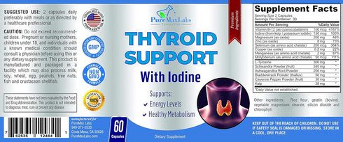 Thyroid Support with Iodine - Metabolism Booster, Energy Booster, Increase Focus - Premium Non-GMO Thyroid Supplement 60 Capsules...