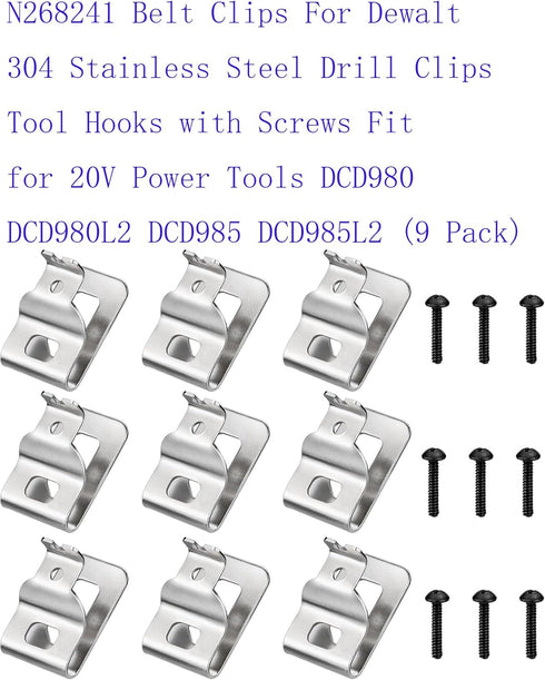N268241 Belt Clips For Dewalt 304 Stainless Steel Drill Clips Tool Hooks with Screws Fit for 20V Power Tools DCD980 DCD980L2 DCD985 DCD985L2 (9 Pa...