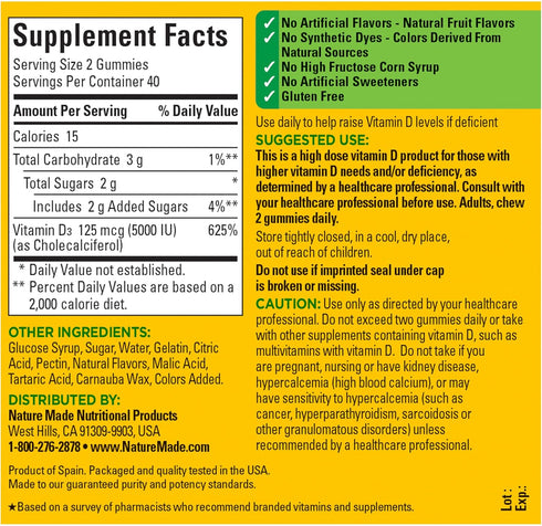 Nature Made Extra Strength Vitamin D3 5000 IU (125 mcg) per serving, Dietary Supplement for Bone, Teeth, Muscle and Immune Health Support, 80 Gumm...