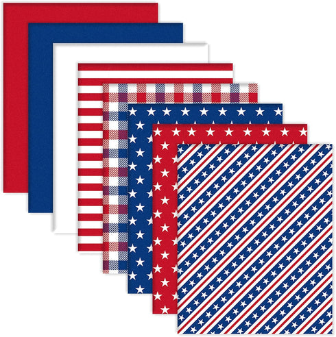 Whaline 8Pcs Patriotic Cotton Fabric Bundles Red Blue White Star Stripe Fat Quarters 4th of July Quilting Patchwork for Independence Day DIY Handm...