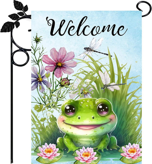 Frog Garden Flag, Frog Welcome Garden Flag,12×18 Small Vertical Double Sided Small Buffalo Yard Flag, Seasonal Outdoor Flag Outside Decor for Home...