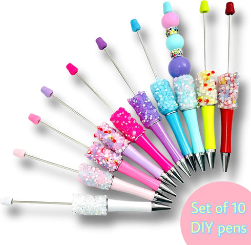 10Pcs Confetti glitter diamond Beadable Pens Bulk Colorful Beaded Pens Plastic Black Ink Bead Pens Ballpoint Pens Making Kit DIY craft art Pens Of...