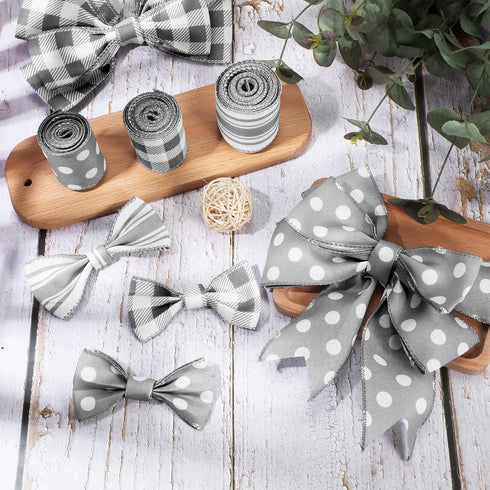 Grey Wired Edge Ribbon Plaid Ribbon 3 Rolls 2.5 Inch Farmhouse Ribbon Buffalo Check Gray Ribbon Polka Dot Striped Ribbon Buffalo Plaid Ribbon Wire...